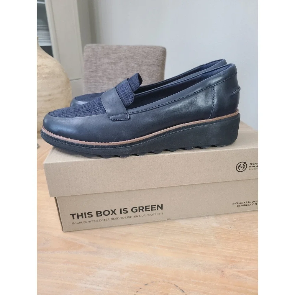 Clarks Sharon Graci Wedge Loafers Womens 10 Navy Leather Plaid Comfort shoes
